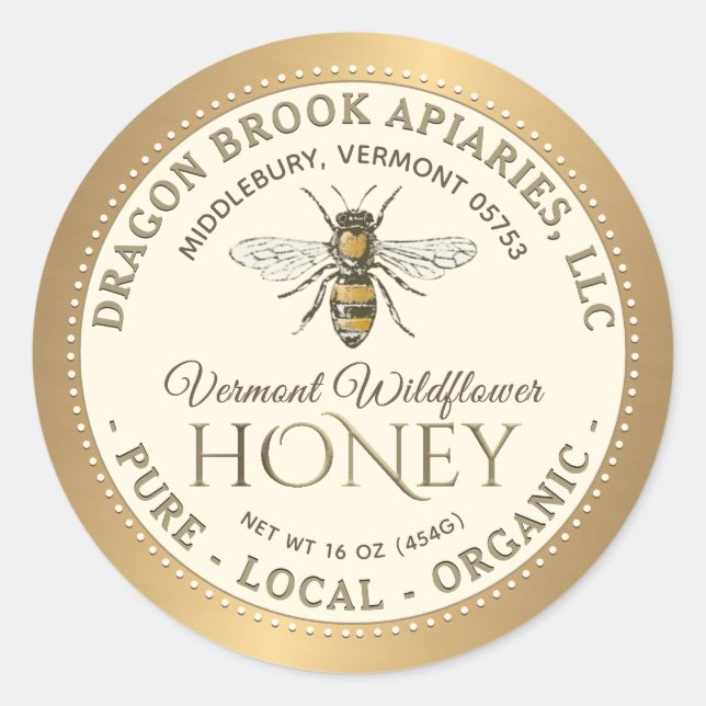 White Local Organic Honey Label with honeybee (Front)