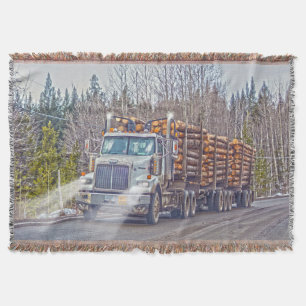 White Logging Truck- Lorry and Highway Art Throw Blanket
