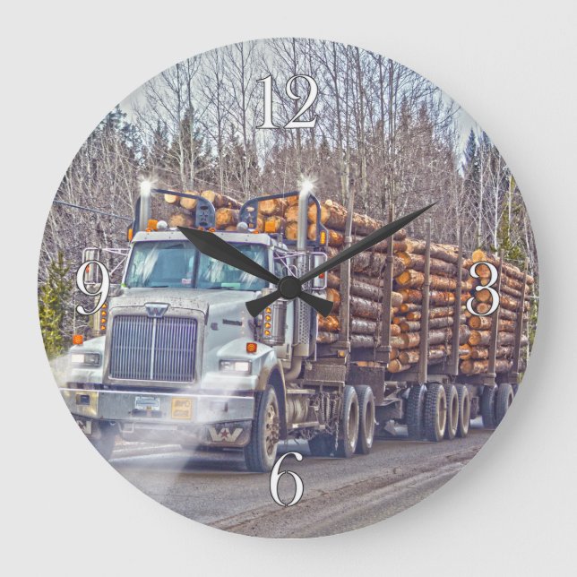White Logging Truck Lumber Mill Delivery Art Large Clock (Front)