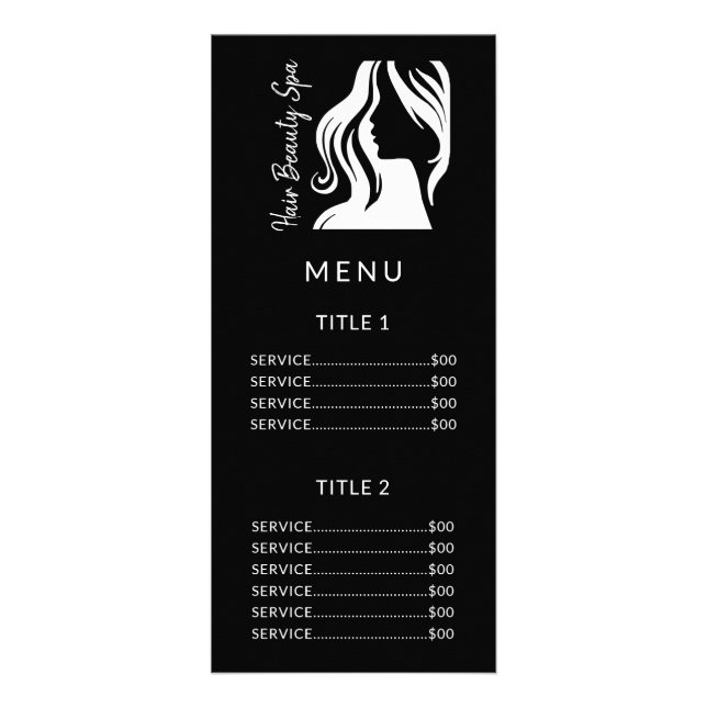 White logo black salon service menu rack card (Front)