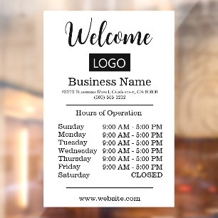 White Logo Hours of Operation Opening Times  Window Cling