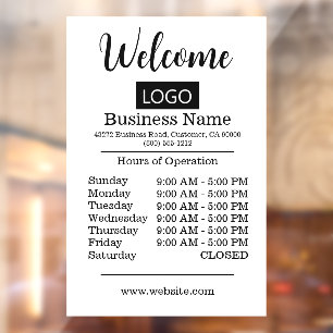 White Logo Hours of Operation Opening Times Window Cling