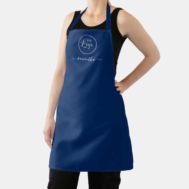 White Logo with Employee Name Navy Blue Apron (Insitu)