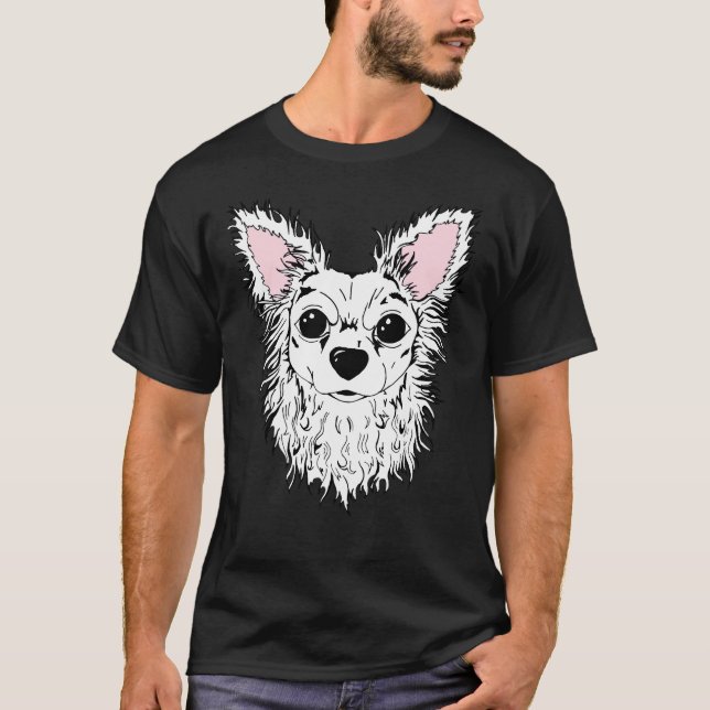 White Long Haired Chihuahua Portrait Chewy T-Shirt (Front)