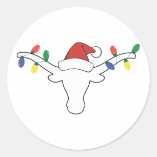White Longhorn with Christmas Lights and Santa hat Classic Round Sticker