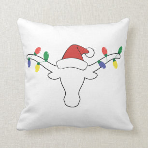 White Longhorn with Christmas Lights and Santa hat Cushion