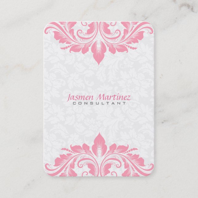 White loral Damask Pink Lace Business Card (Front)