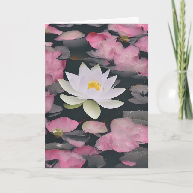 White Lotus And Pink Cherry Blossom On Pond Card (Front)
