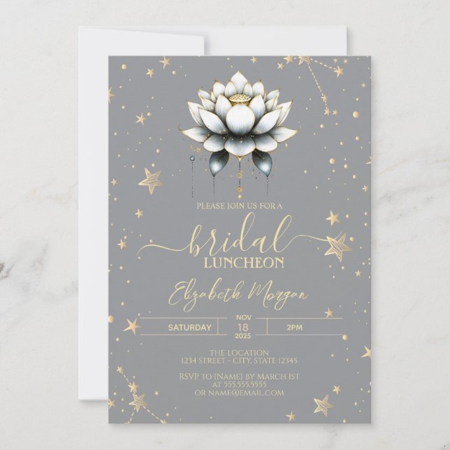 White Lotus Celestial Stars Grey Bridal Shower Invitation (Front)