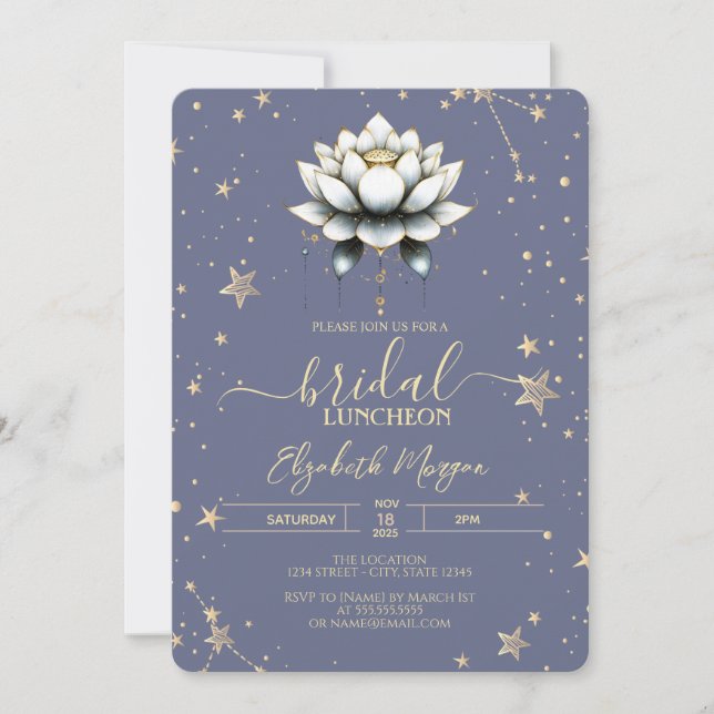 White Lotus Celestial Stars Pastel Lavander Bridal Invitation (Front)