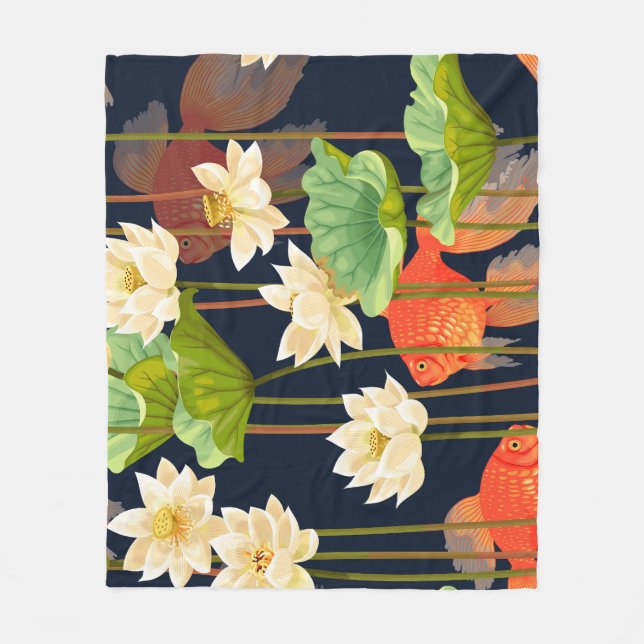 White lotus, fish: seamless pattern. fleece blanket (Front)