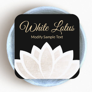 White Lotus Flower Black Square Business Card