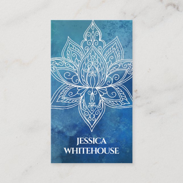 White Lotus Flower Blue Watercolor Business Card (Front)