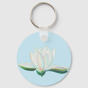 White Lotus Flower Illustration  Button Key Ring