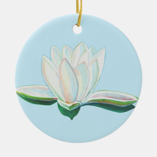 White Lotus  Flower Illustration  Ceramic Tree Decoration (Front)