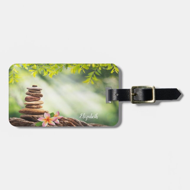White Lotus Flower Landscape, Zen Stones Luggage Tag (Front Horizontal)