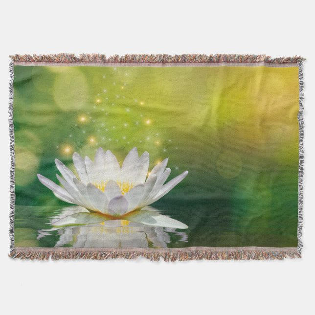 White Lotus Flower Landscape, Zen Throw Blanket (Front)