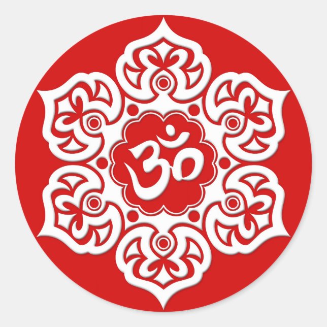 White Lotus Flower Om on Red Classic Round Sticker (Front)