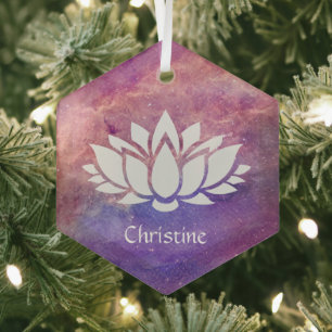 White Lotus Flower on Cosmic Orange-Pink Nebulae Glass Tree Decoration