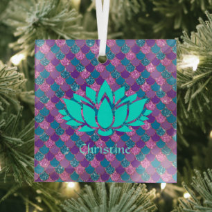 White Lotus Flower on Multicolored Mermaid Scales Glass Tree Decoration