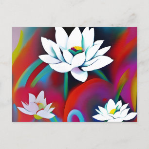 White lotus flowers on a colourful background postcard