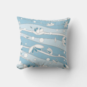 White Lotus Flowers on Blue Stripes Cushion