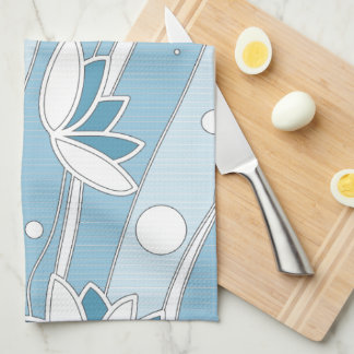White Lotus Flowers on Blue Stripes Tea Towel