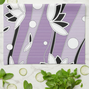 White Lotus Flowers on Purple Stripes Tea Towel