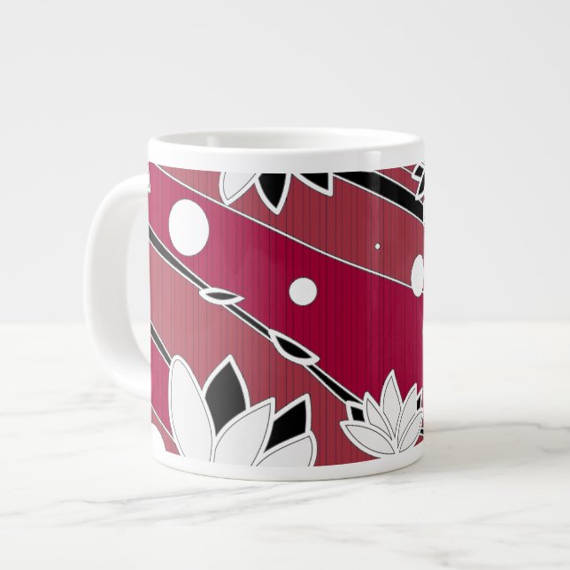 White Lotus Flowers on Red Stripes Large Coffee Mug (Front Left)