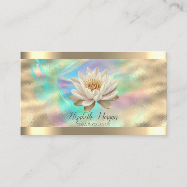 White Lotus Gold Stripe Rose Gold Holographic Ink Business Card (Front)