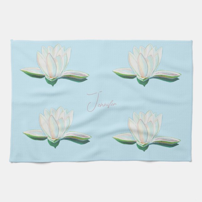 White Lotus Luminous Illustration Personalised  Tea Towel (Horizontal)