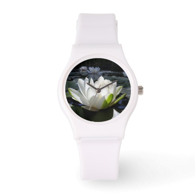 White Lotus on Sporty Watch, White Silicone Strap Watch (Front)