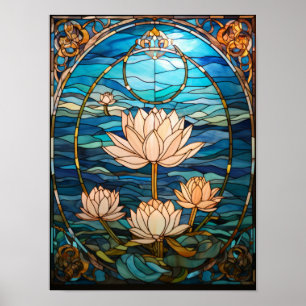 White Lotus Over Tranquil Blue Waters Stained Glas Poster