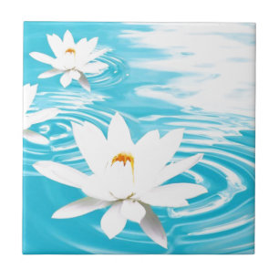 White Lotus plants floating on turquoise water zen Tile