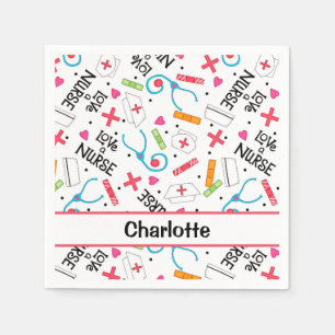 White Love a Nurse Whimsy Art Personalised Party Napkin