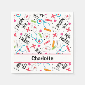 White Love a Nurse Whimsy Art Personalised Party Napkin