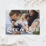 White Love and Light Typography Photo Hanukkah Holiday Card<br><div class="desc">Love and light | Send your Hanukkah greetings to family and friends with this customisable Hanukkah card. It features retro bold typography. Personalise this photo Hanukkah card by adding your details. This photo Hanukkah card is available in other colours and cardstock. Matching items are also available.</div>