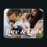 White Love and Light Typography Photo Hanukkah Magnet<br><div class="desc">Love and light | Celebrate the joyous Festival of Lights with our customisable photo Hanukkah magnet! This festive magnet allows you to showcase your favourite memories while adding a personal touch to your holiday decor. It features retro bold typography. Personalise this photo Hanukkah card by adding your details. An ideal...</div>