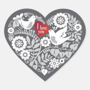 White Love BIrds with Red & Grey Heart Floral Sticker
