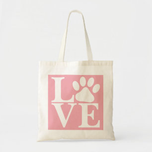 White LOVE Word Dog Paws Pattern On Blush Pink Tote Bag