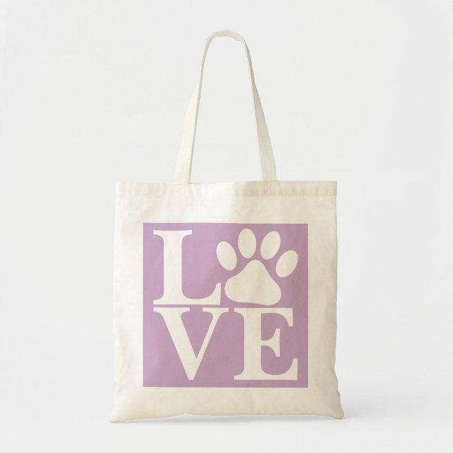 White LOVE Word Dog Paws Pattern Violet Background Tote Bag (Front)