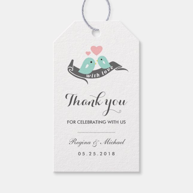 White Lovebirds with Small Heart Wedding Gift Tag (Front)