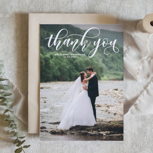 White Lovely Modern Calligraphy Photo Wedding Thank You Card (Creator Uploaded)