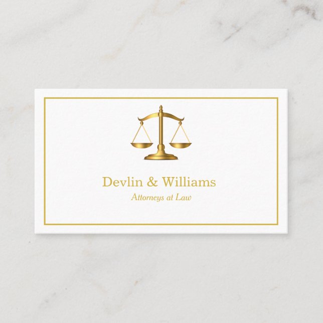 White Luxe Gold Scales Attorney Lawyer Business Card (Front)