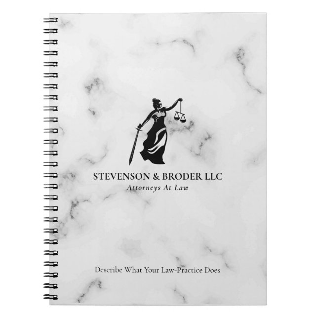 White Luxury Marble texture Lady Justice Logo Notebook (Front)