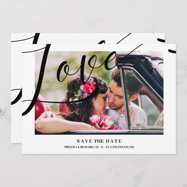 White Luxury Minimalist Love Quote Photo Save The Date (Front/Back)