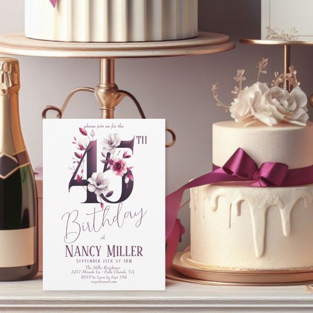  White & Magenta Flowers 45th Birthday Invitation (Creator Uploaded)
