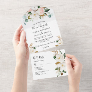 White Magnolia And Blush Pink Gold Floral Wedding All In One Invitation