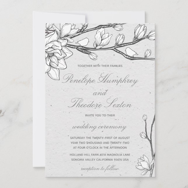 White Magnolia Birdsong Wedding Invitation (Front)