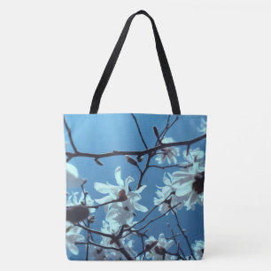 White Magnolia Bloom Blue Sky Tote Bag
